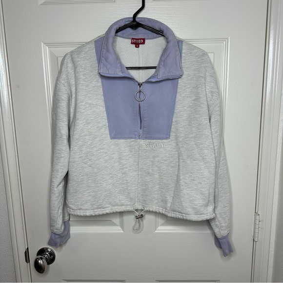 Staud Alys colorblock cotton-blend half-zip sweatshirt Heather Grey Size Medium - Picture 2 of 16